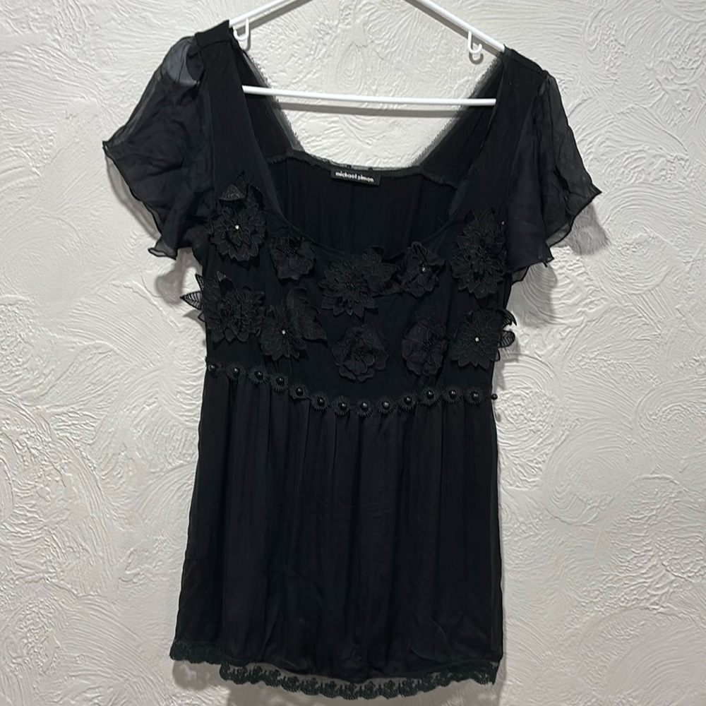 Michael Simon silk and viscose floral and beaded black top size small